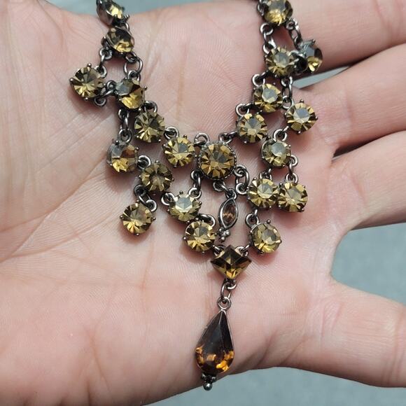 Gunmetal Chandelier Amber Rhinestone Crystal Statement Necklace - Picture 4 of 7